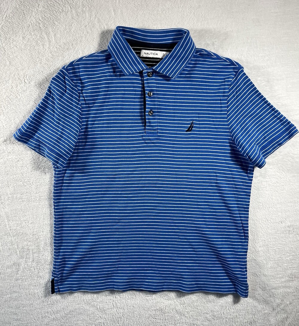 Nautica Shirt Men’s Medium Polo Short Sleeve Striped Blue White